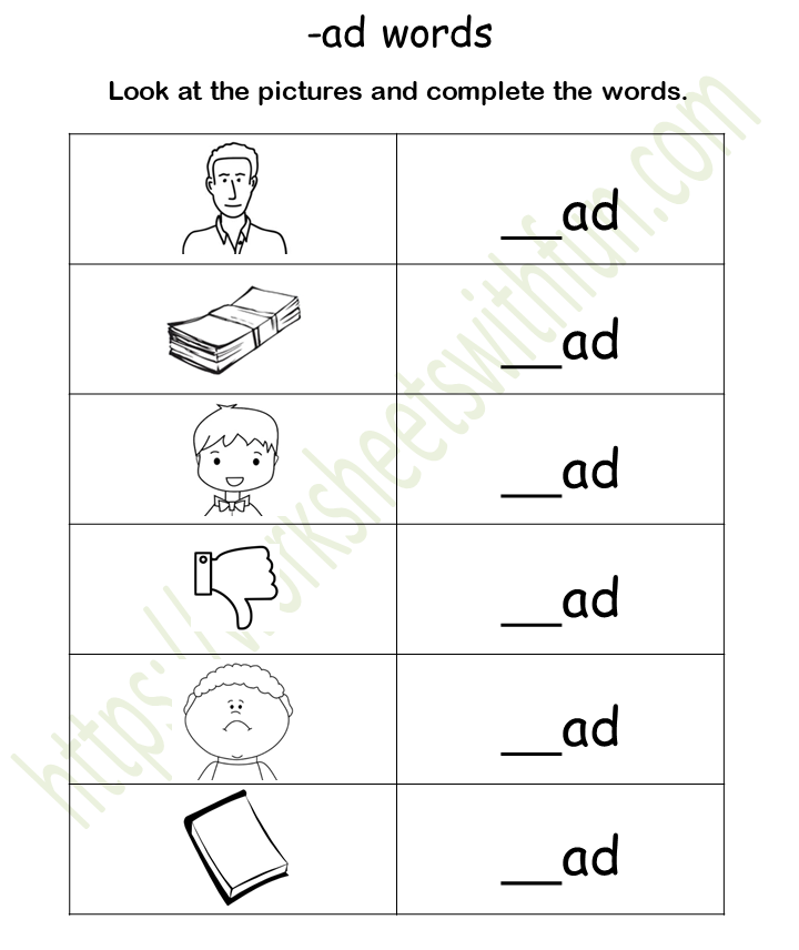Ad Word Family Worksheets Cvc Printable Matching Worksheets
